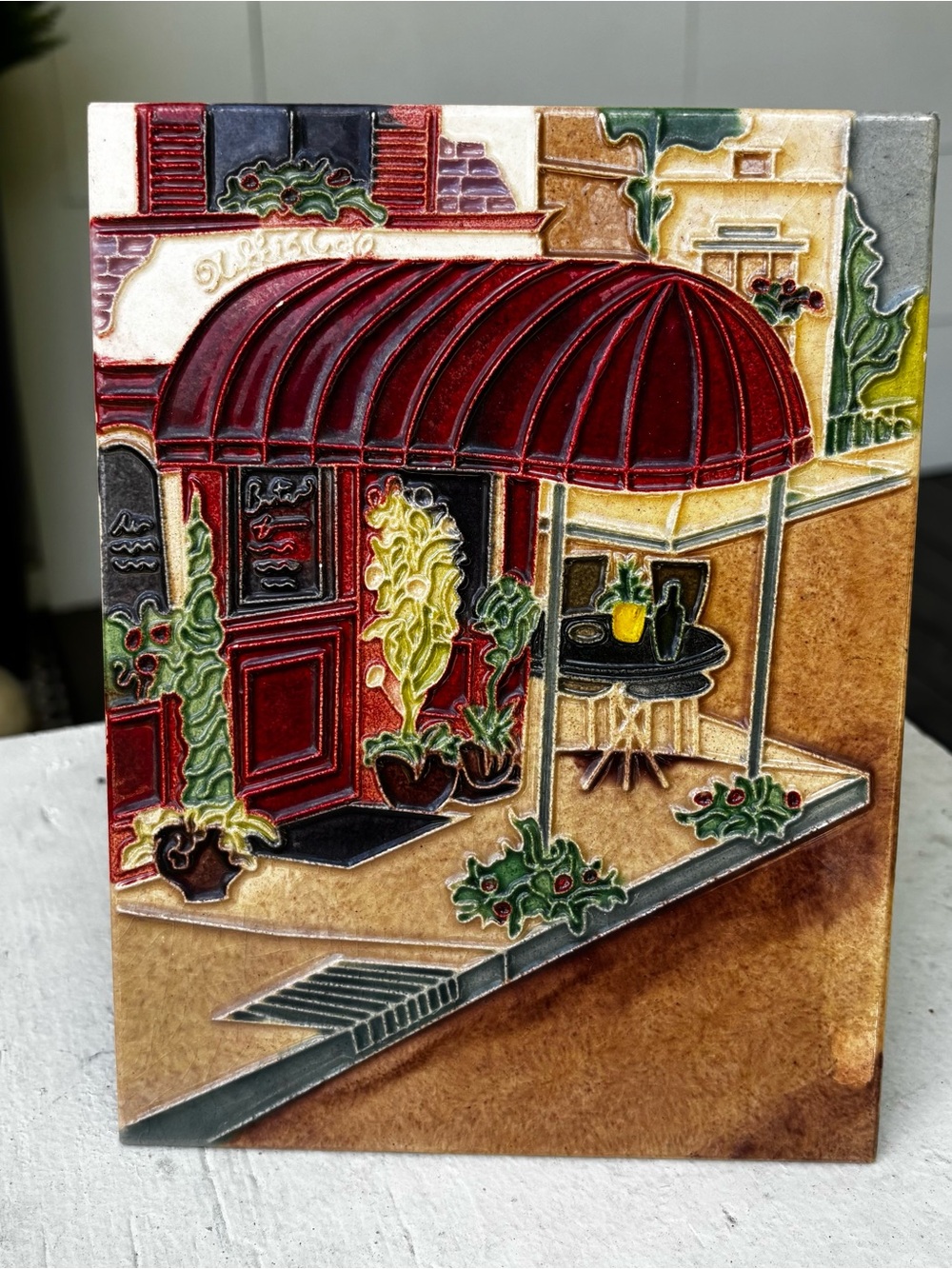 Decorative Ceramic Tile Panel with Burgundy Awning